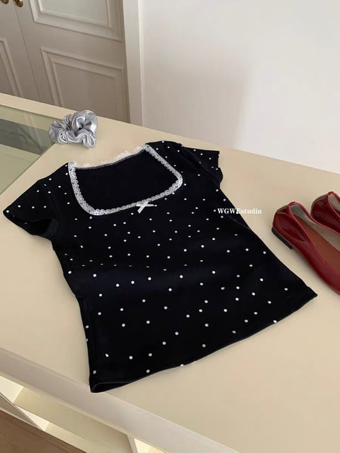 Vintage Polka Dot Square Neck Tops